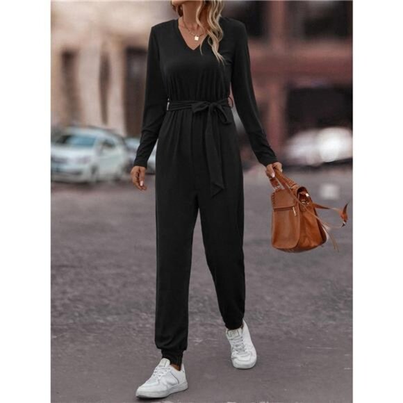 V-Neck Long Sleeve Tie Waist Jumpsuit - Picture 3 of 7